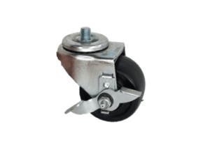 Swivel polyolefin wheel stem top lock brake