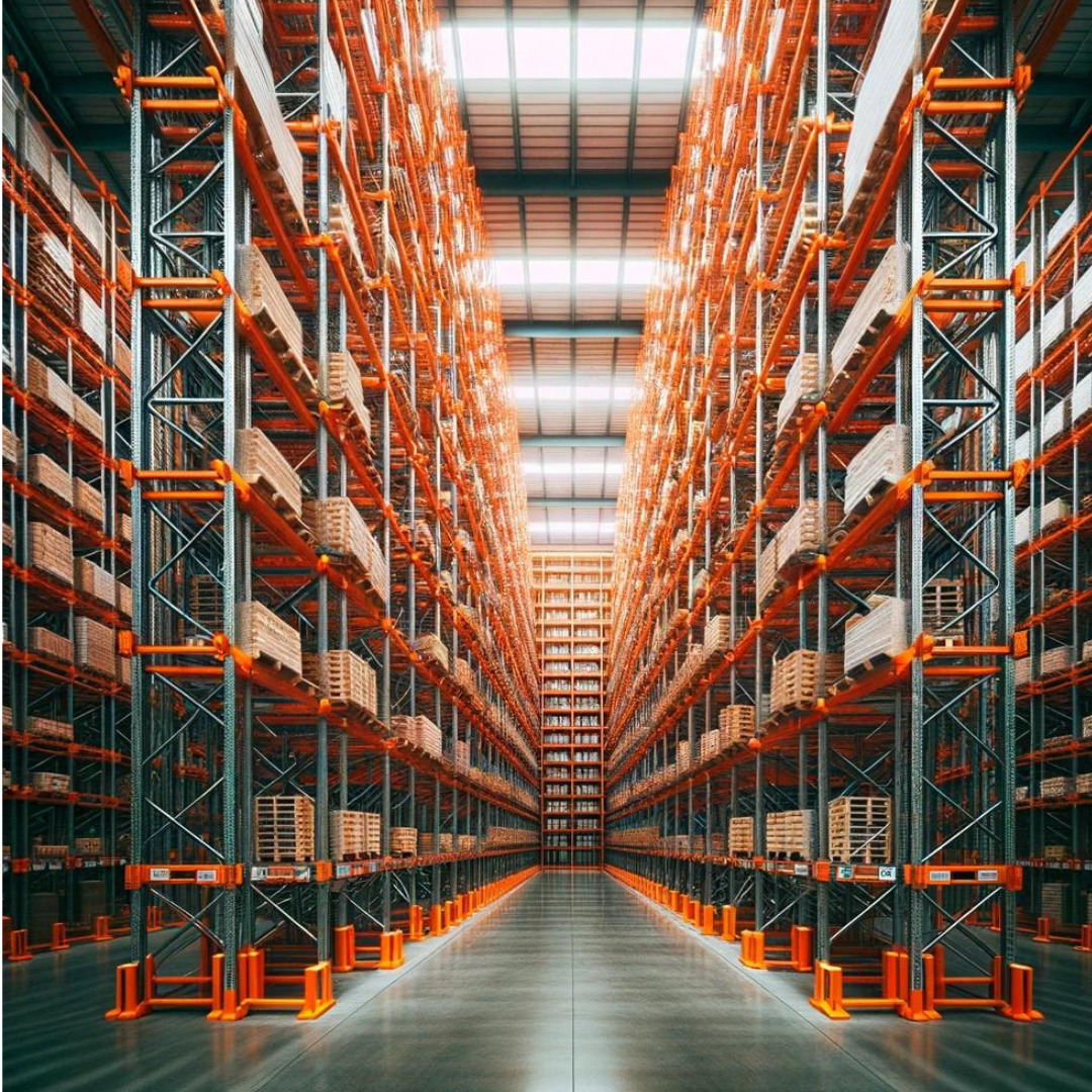 industrial pallet racks in a warehouse