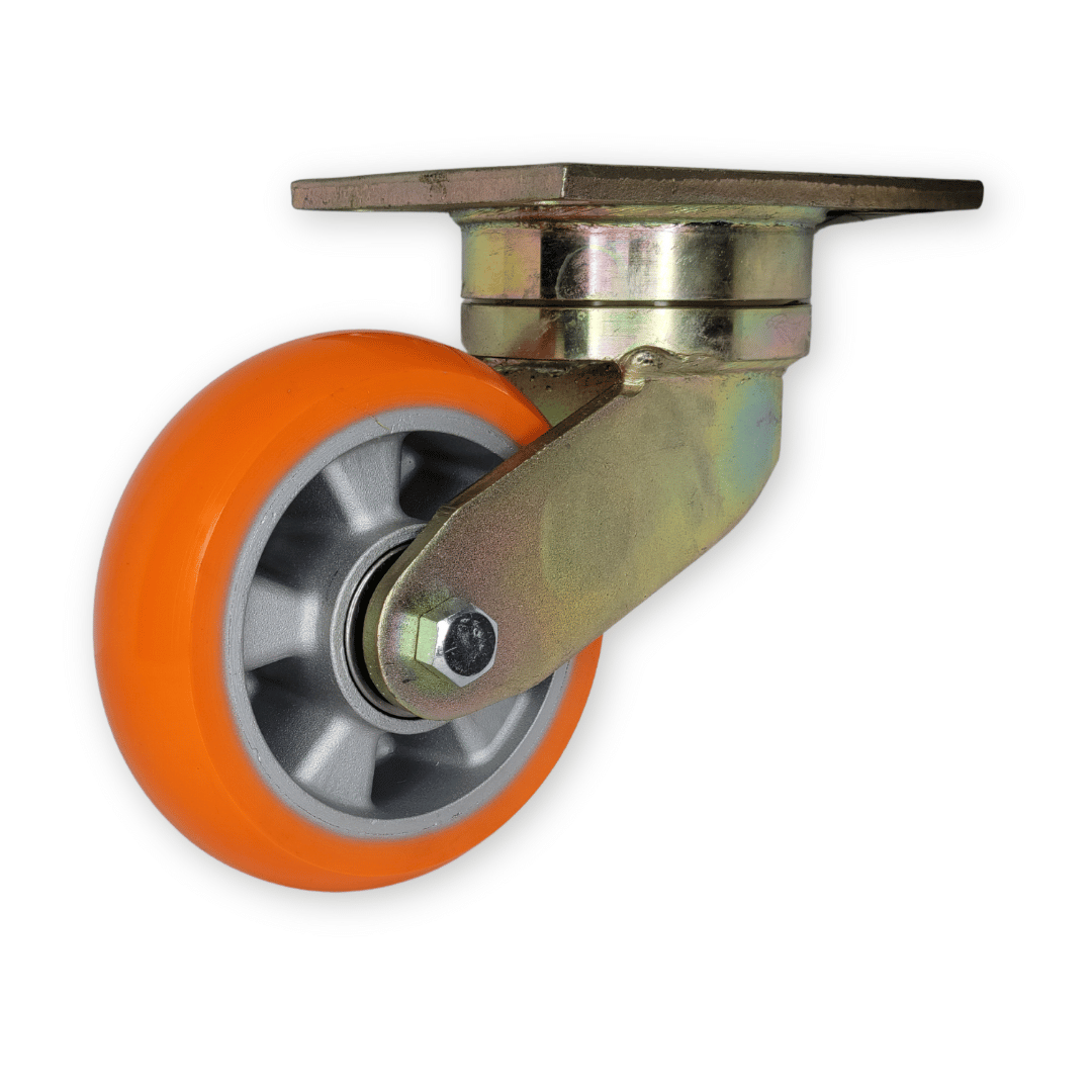 a kingpinless extended swivel caster with an orange polyflexon wheel
