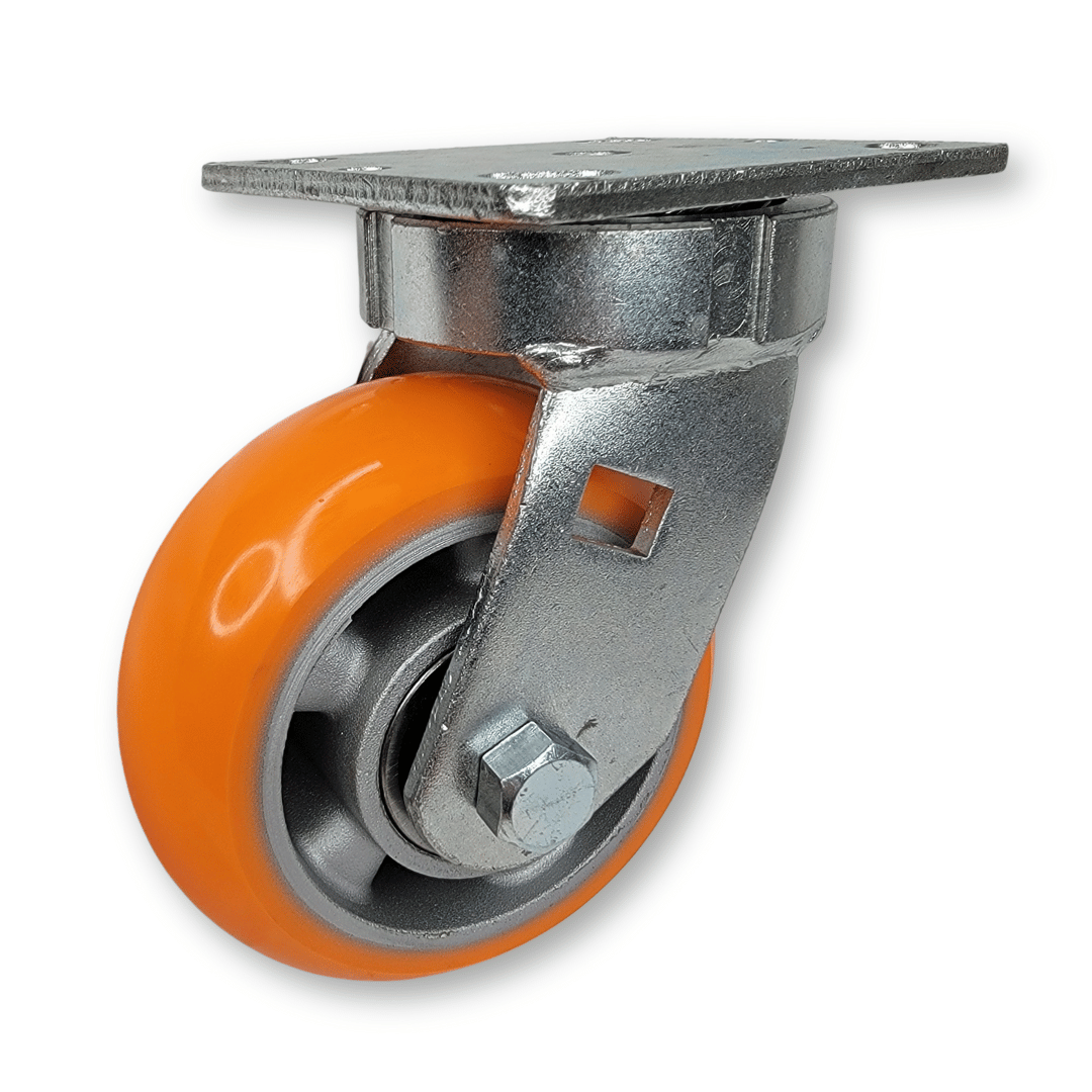 a kingpinless caster with an orange polyflexon wheel