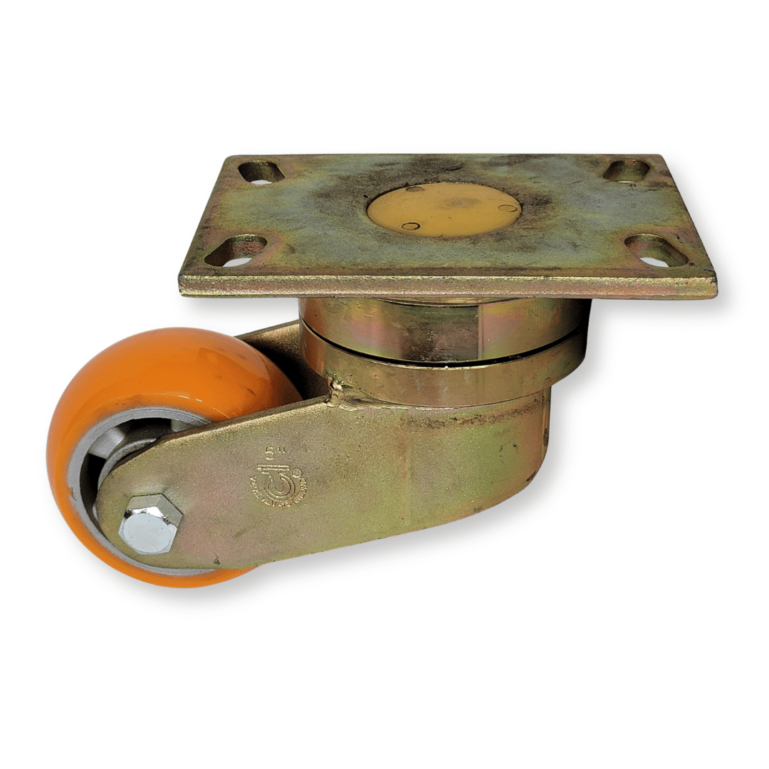 a kingpinless extended swivel caster with an orange polyflexon wheel