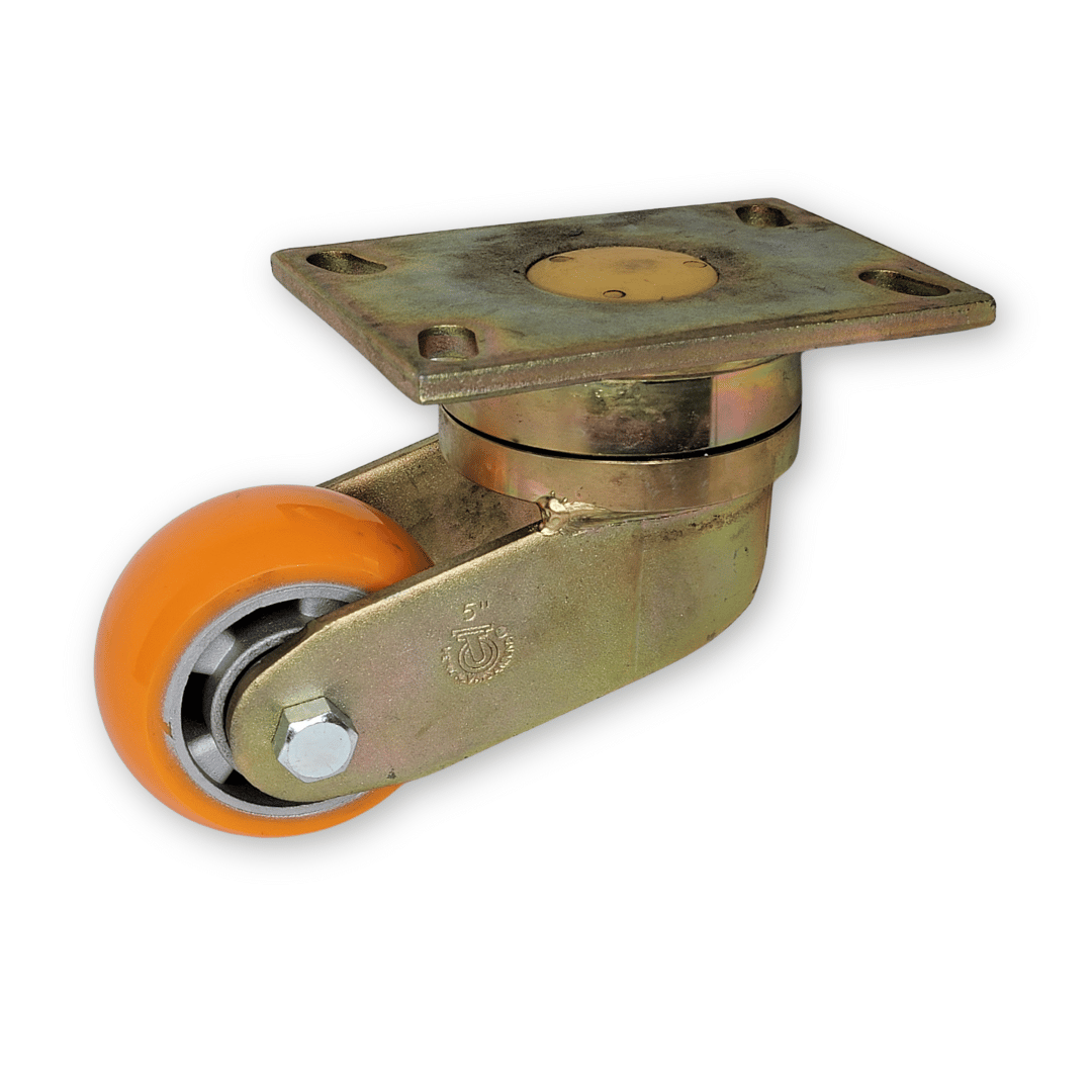 a kingpinless extended swivel caster with an orange polyflexon wheel