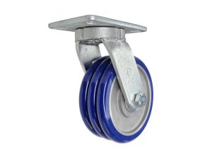 8" x 3" Kineti-Glide Trio Triple Wheel Kingpinless Caster, 5-1/4" x 7-1/4" Plate, 3,250 lb
