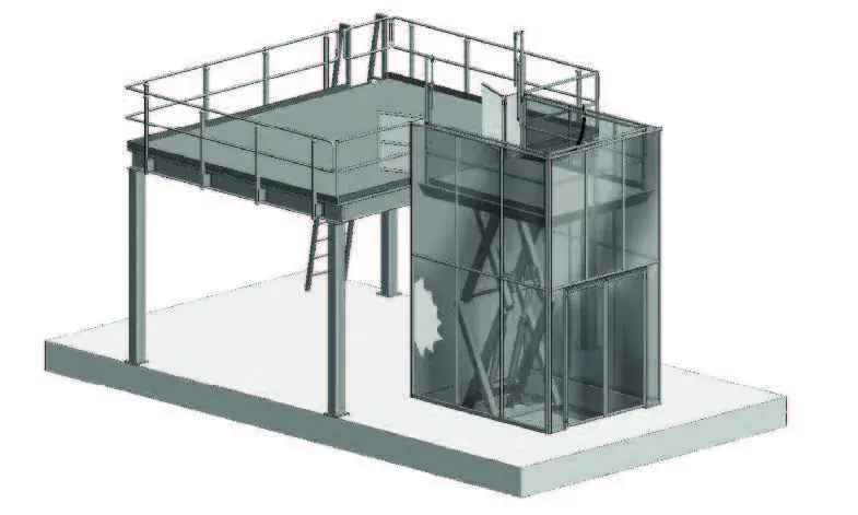Advance Lifts mezzanine access lift serving an elevated storage level